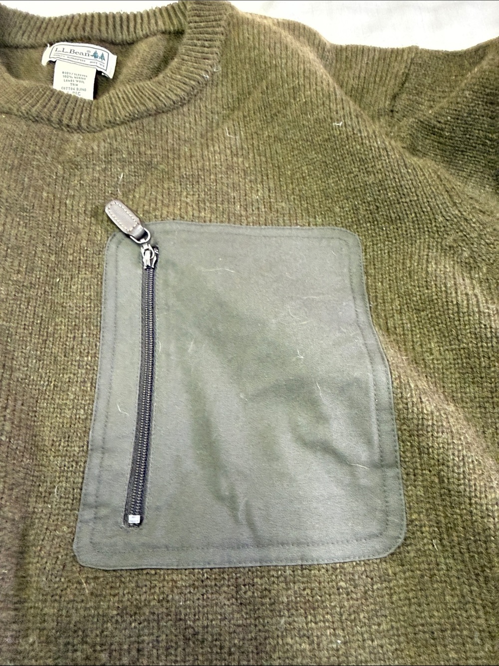 L.L. Bean Olive Crewneck Sweater with Zip Chest Pocket - Picture 3 of 6